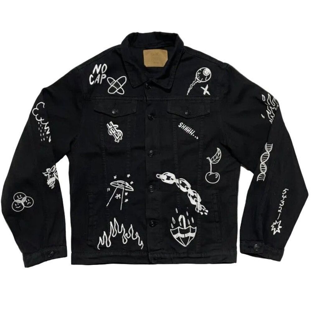 Rue21 Black Graffiti DRIP NY LA Denim Jacket Men’s XL Streetwear No Cap